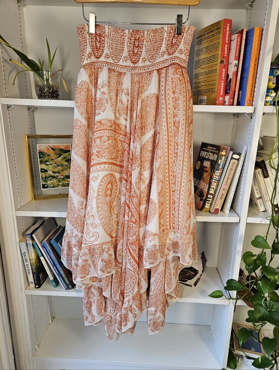 Lapis Dresses & Skirts - Paisley Midi Skirt Orange White Size Large Boho Beach Summer Asymmetrical